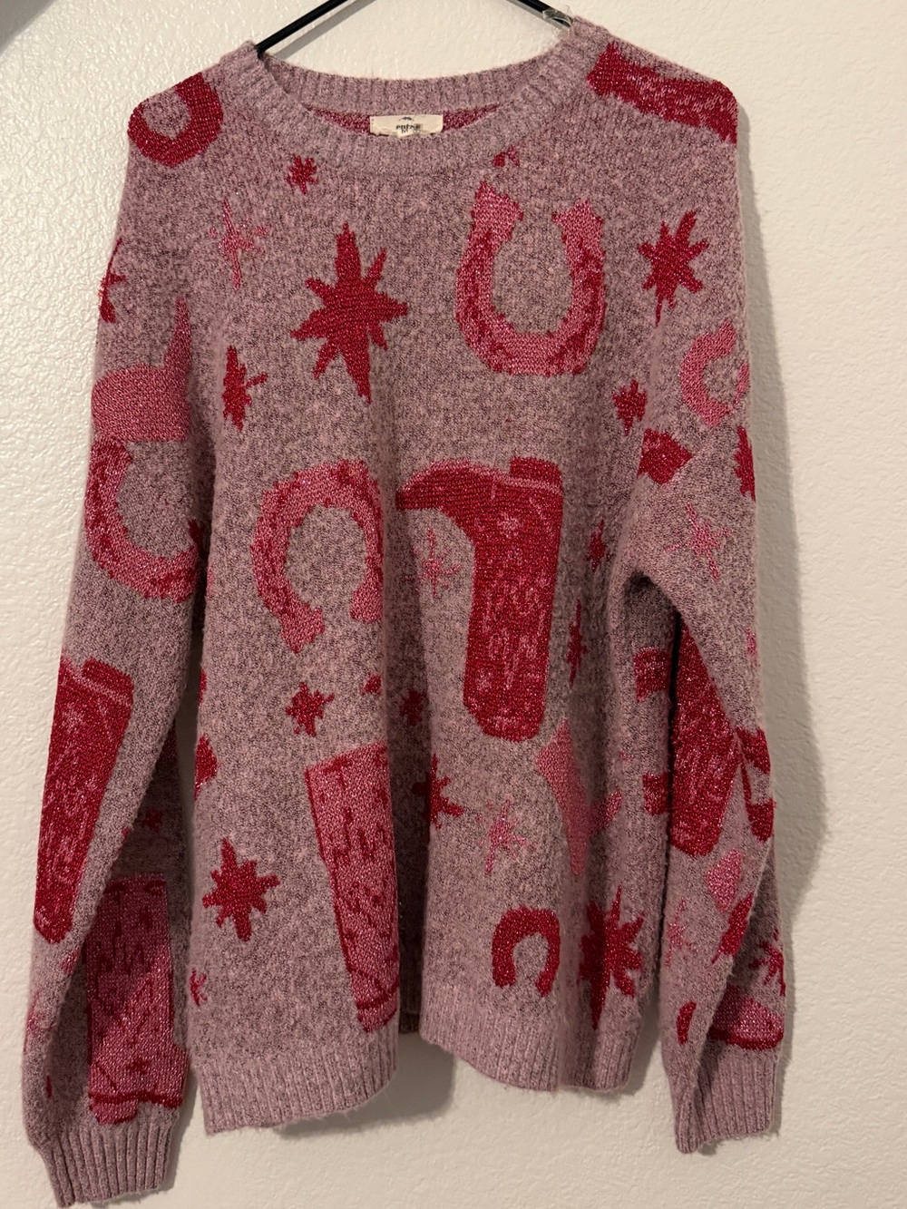 entro Pink cowgirl Patterned Crewneck Sweater